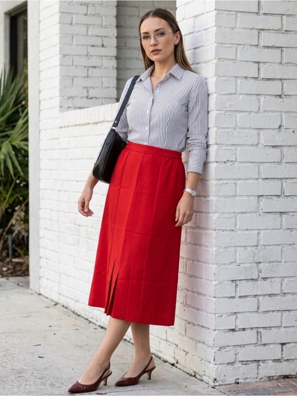 VTG 70s Pykettes Red Pleated Midi Skirt 18 Dark Academia Office Siren Secretary